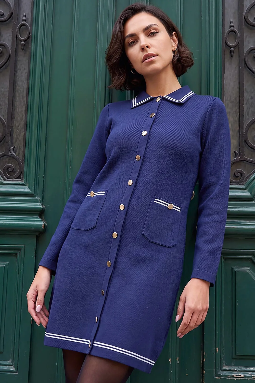 Roman Navy Collared Contrast Trim Knit Dress - 16 Image 3