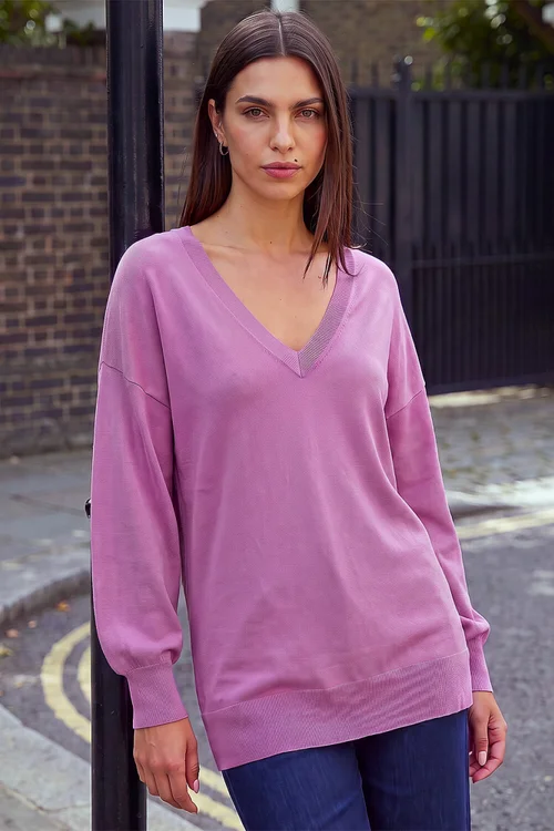 Roman Pink Plain V-Neck Stretch Jumper - 12 Image 1