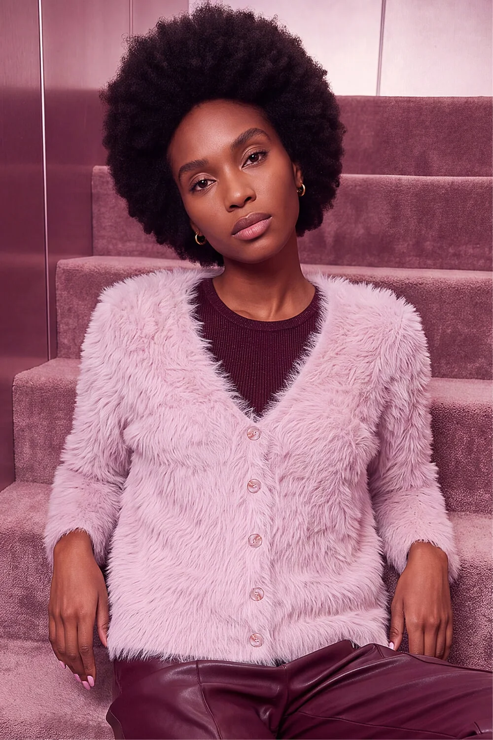 Roman Light Pink Fluffy V-Neck Cardigan - 12 Image 1