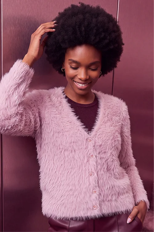 Roman Light Pink Fluffy V-Neck Cardigan - 12 Image 2
