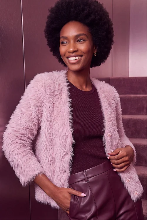 Roman Light Pink Fluffy V-Neck Cardigan - 12 Image 3