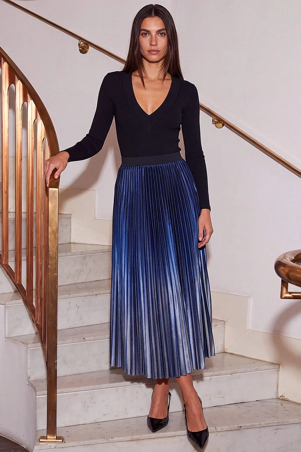 Roman Blue Velvet Ombre Pleated Midi Skirt - 14 Image 3
