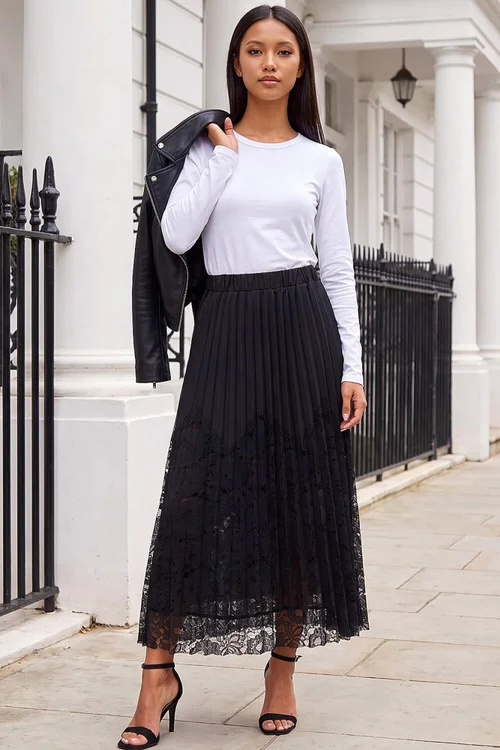 Roman Black Petite Lace Pleated Skirt - 14 Image 2