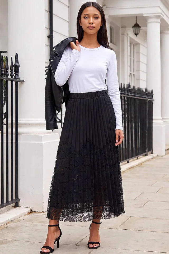 Roman Black Petite Lace Pleated Skirt