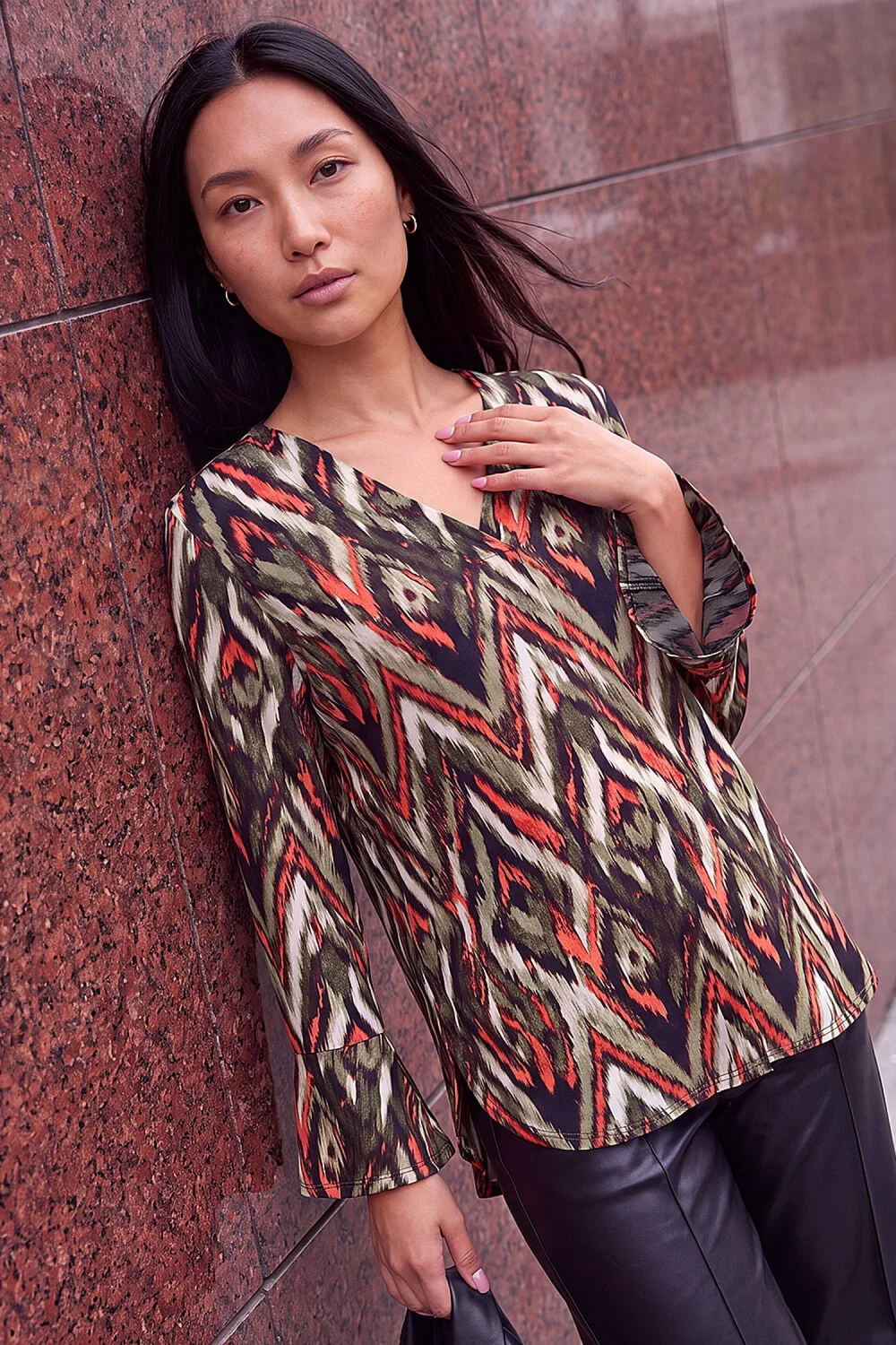 Roman Khaki Abstract Print V-Neck Tunic Top - 16 Image 1