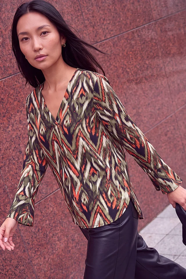 Roman Khaki Abstract Print V-Neck Tunic Top