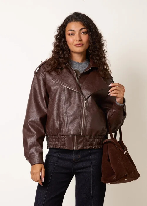 Blue Vanilla Brown Double Zip Oversized Faux Leather Jacket - L Image 2