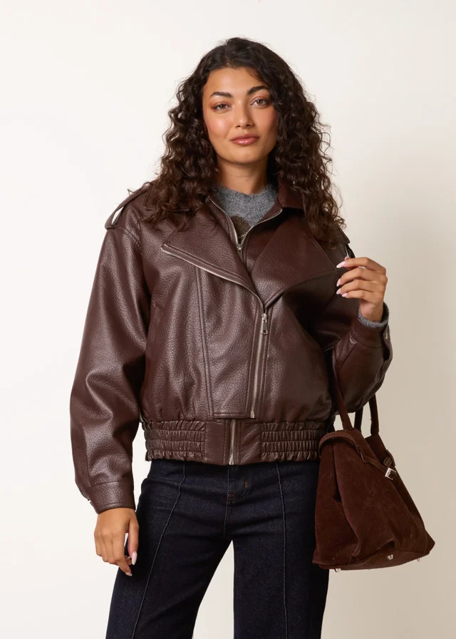 Blue Vanilla Brown Double Zip Oversized Faux Leather Jacket