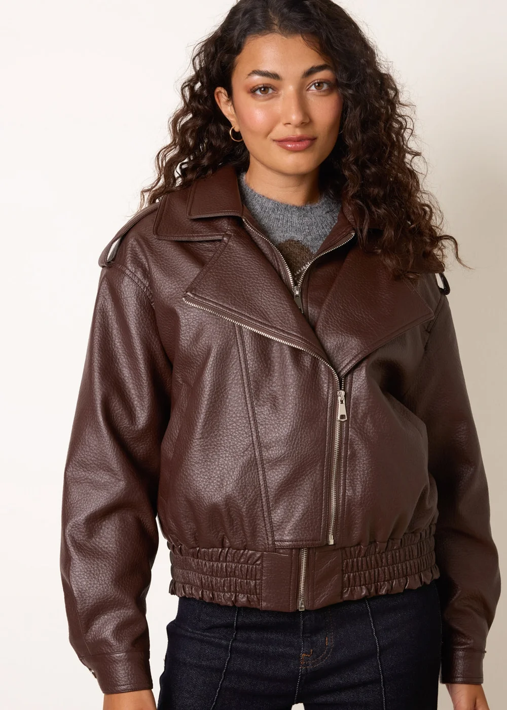 Blue Vanilla Brown Double Zip Oversized Faux Leather Jacket - L Image 3