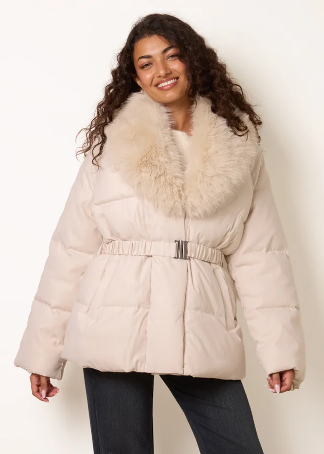 Blue Vanilla Stone Shawl Faux Fur Collar Belted Short Puffer