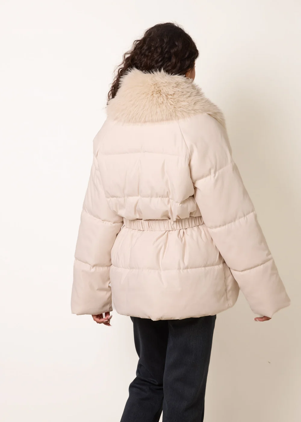 Blue Vanilla Stone Shawl Faux Fur Collar Belted Short Puffer - XL Image 4