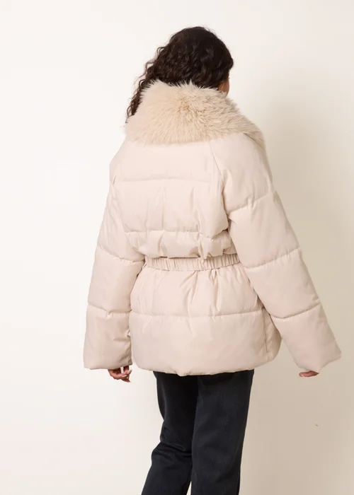 Blue Vanilla Stone Shawl Faux Fur Collar Belted Short Puffer - XL Image 4