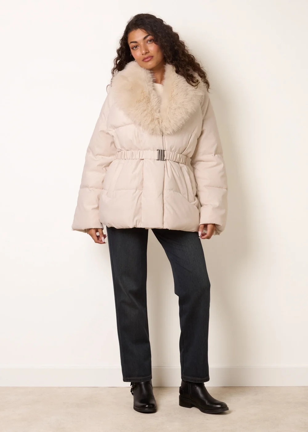 Blue Vanilla Stone Shawl Faux Fur Collar Belted Short Puffer - XL Image 3