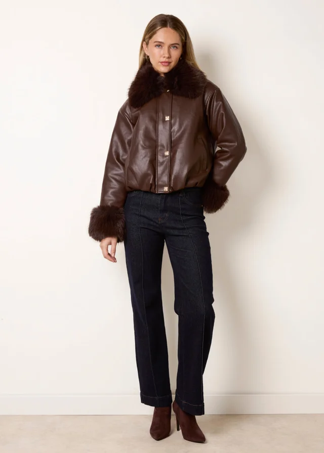 Blue Vanilla Brown Faux Fur Collar & Cuff Cropped Jacket