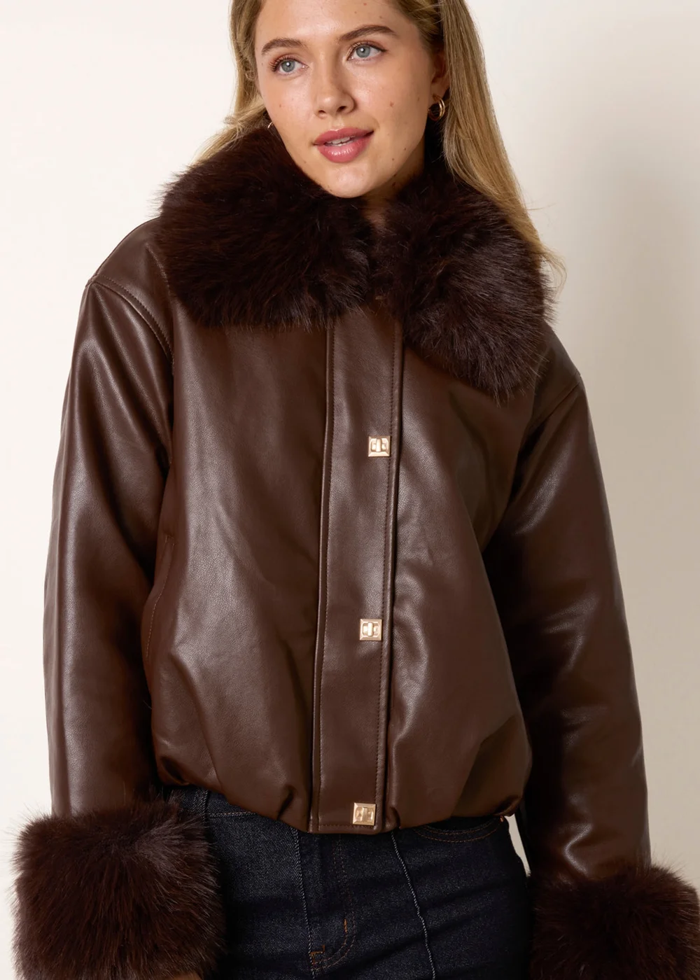 Blue Vanilla Brown Faux Fur Collar & Cuff Cropped Jacket - M Image 3