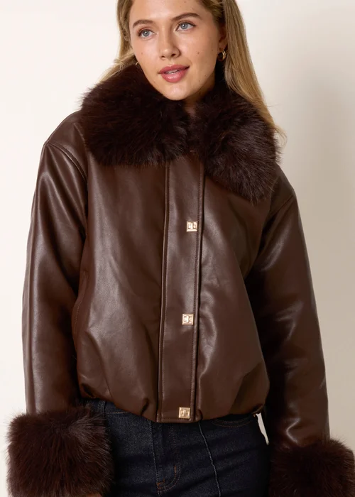 Blue Vanilla Brown Faux Fur Collar & Cuff Cropped Jacket - M Image 3