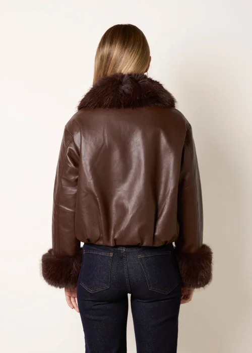 Blue Vanilla Brown Faux Fur Collar & Cuff Cropped Jacket - M Image 4