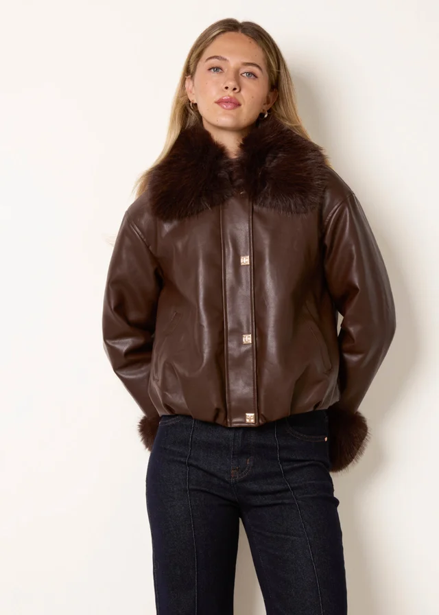 Blue Vanilla Brown Faux Fur Collar & Cuff Cropped Jacket