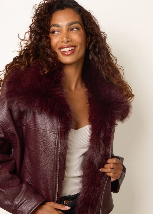 Blue Vanilla Red PU Faux Fur Trimmed Jacket - M Image 1