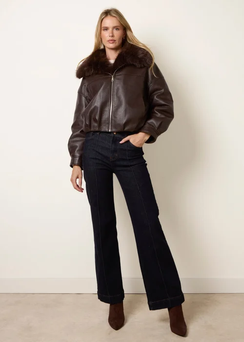 Blue Vanilla Brown PU Faux Fur Trimmed Jacket - S Image 2