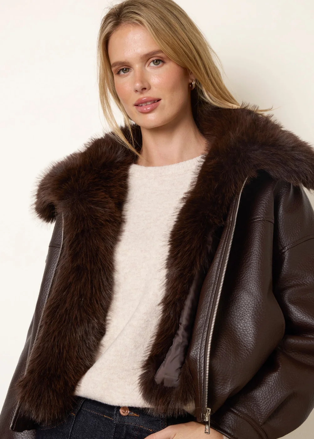 Blue Vanilla Brown PU Faux Fur Trimmed Jacket - S Image 3
