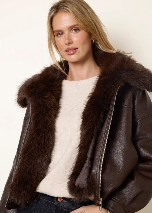 Blue Vanilla Brown PU Faux Fur Trimmed Jacket - S Image 3