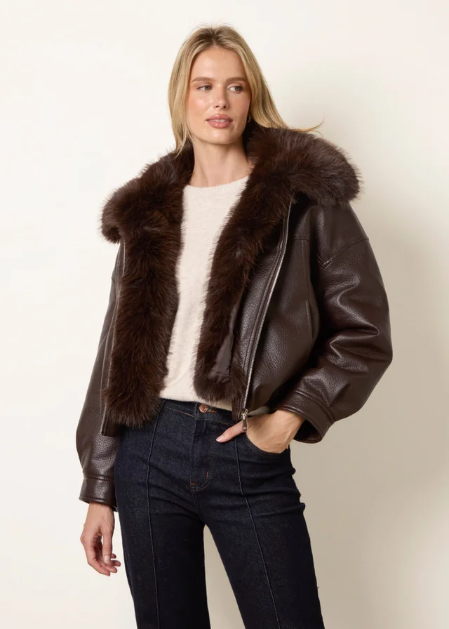 Blue Vanilla Brown PU Faux Fur Trimmed Jacket