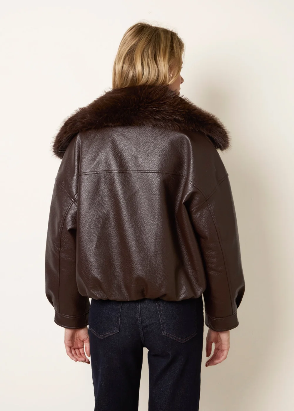 Blue Vanilla Brown PU Faux Fur Trimmed Jacket - S Image 4