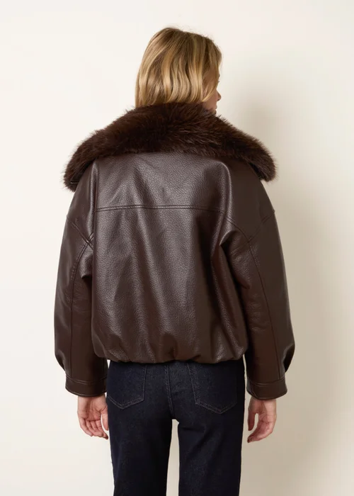 Blue Vanilla Brown PU Faux Fur Trimmed Jacket - S Image 4
