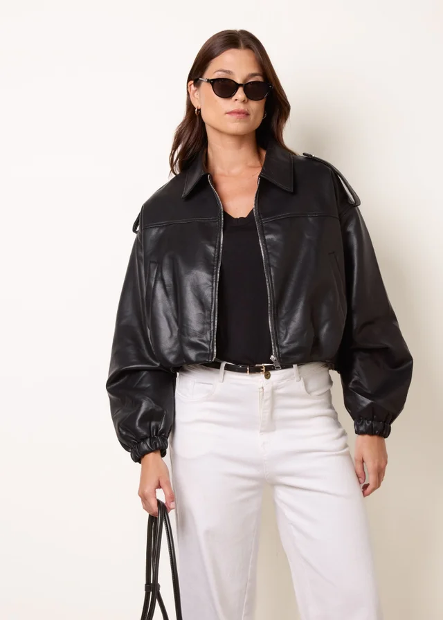 Blue Vanilla Black Puffball Zip Front PU Leather Jacket