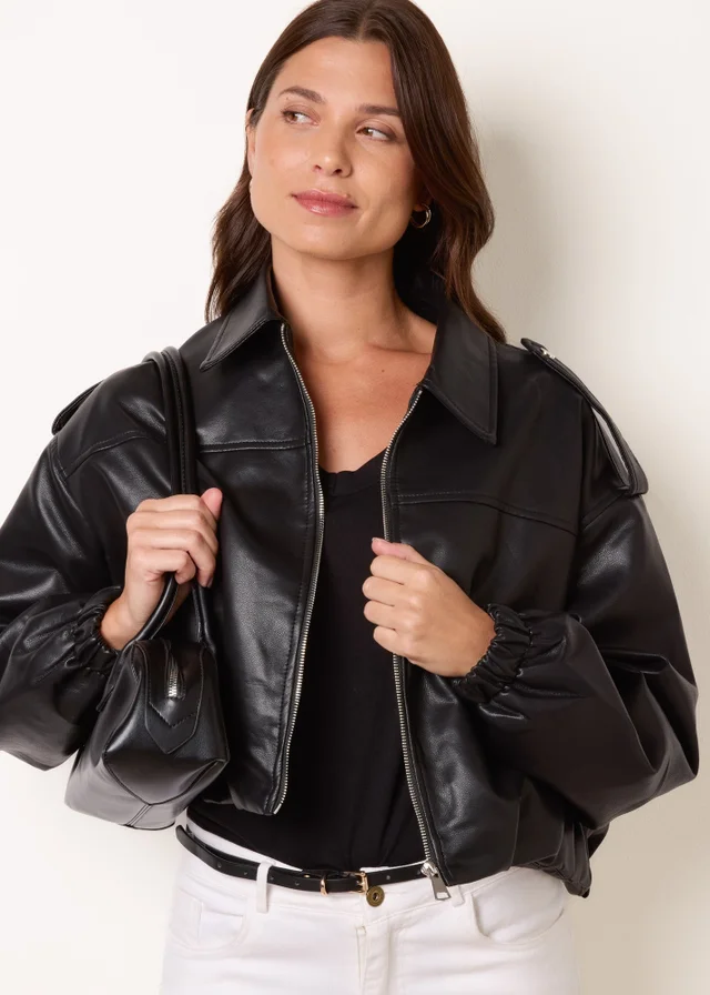 Blue Vanilla Black Puffball Zip Front PU Leather Jacket