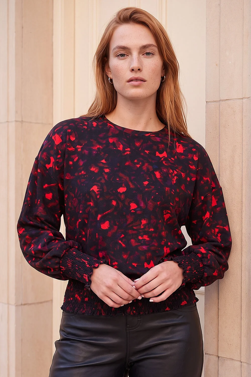 Roman Red Abstract Print Shirred Hem Top - 20 Image 1