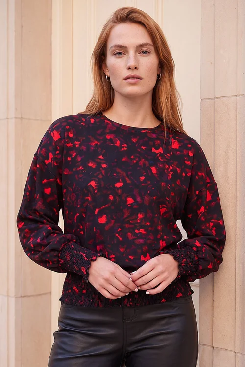 Roman Red Abstract Print Shirred Hem Top - 20 Image 1