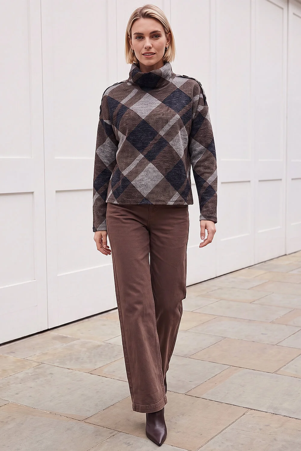 Roman Coffee Check Print Cowl Neck Top - 18 Image 2