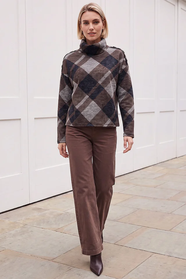 Roman Coffee Check Print Cowl Neck Top