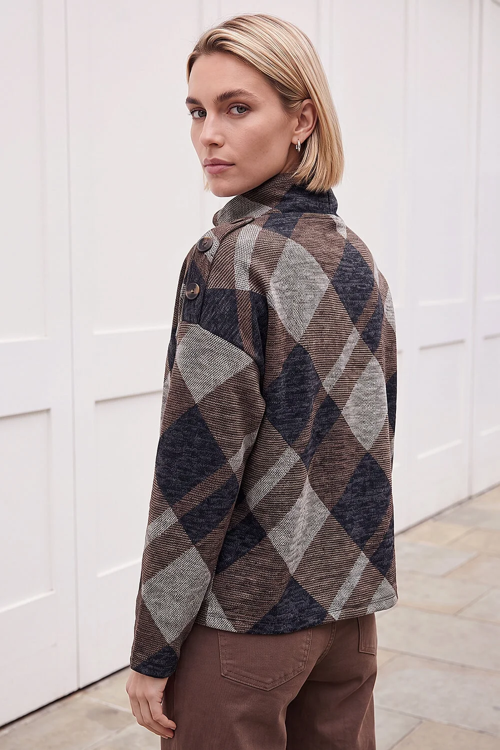 Roman Coffee Check Print Cowl Neck Top - 18 Image 3