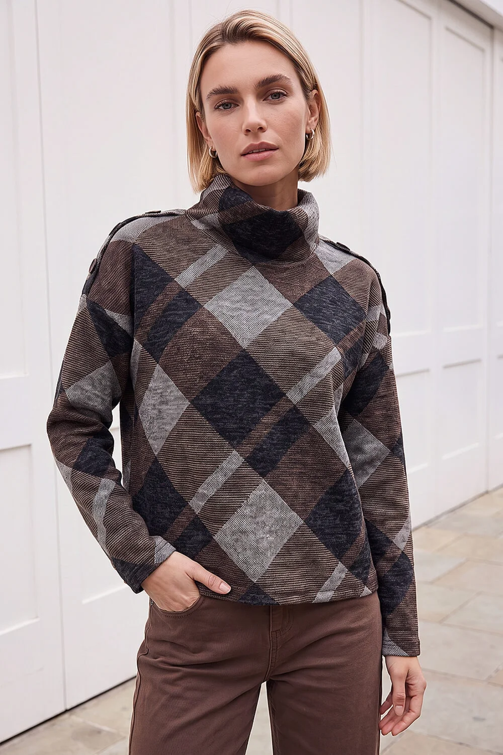 Roman Coffee Check Print Cowl Neck Top - 18 Image 1
