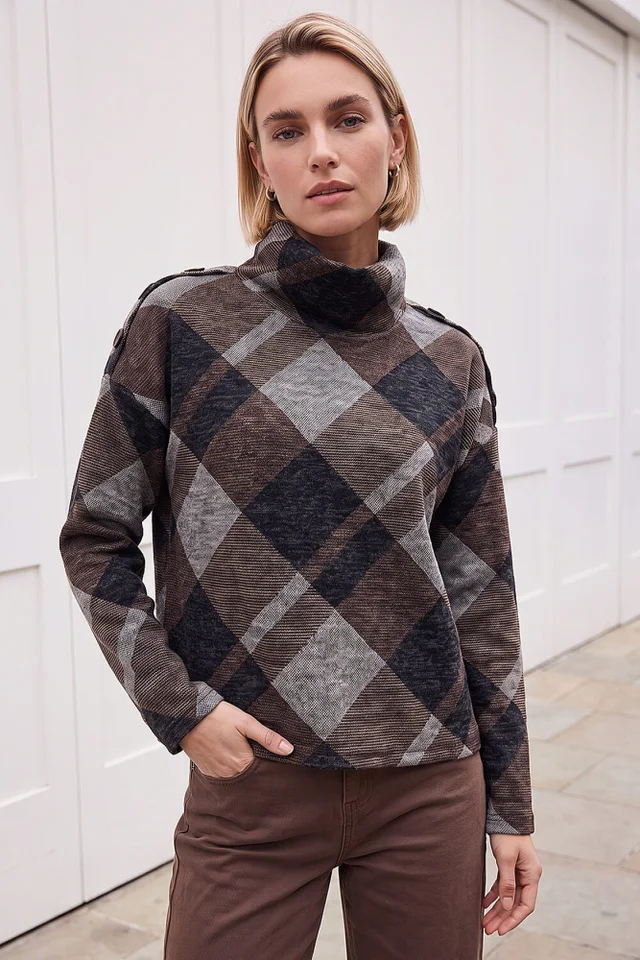 Roman Coffee Check Print Cowl Neck Top