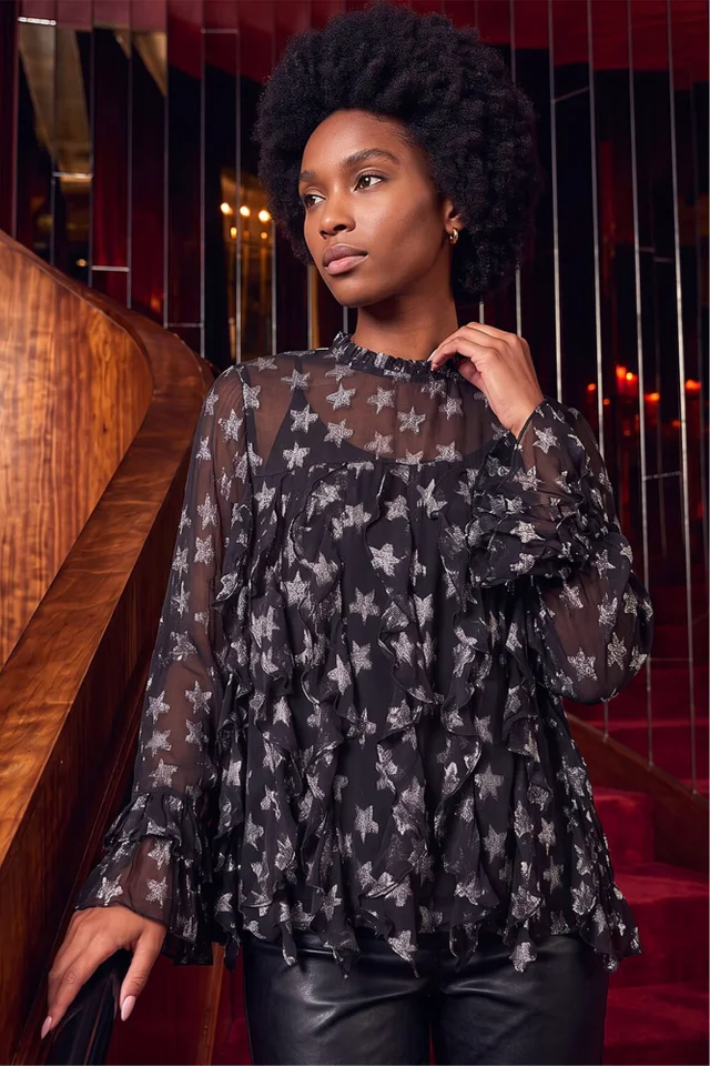 Roman Black Star Jacquard Frill Top