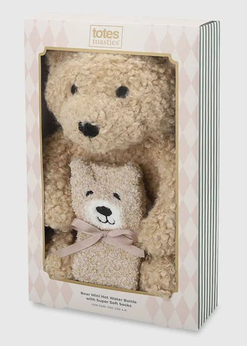 Totes Beige Natural Bear Mini Hot Water Bottle & Super Soft Socks Set - One Size Image 2