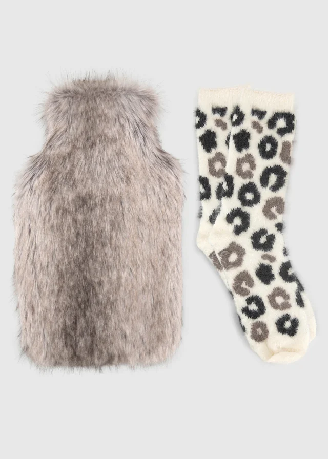 Totes Brown Faux Fur Hot Water Bottle And Super Soft Socks Set