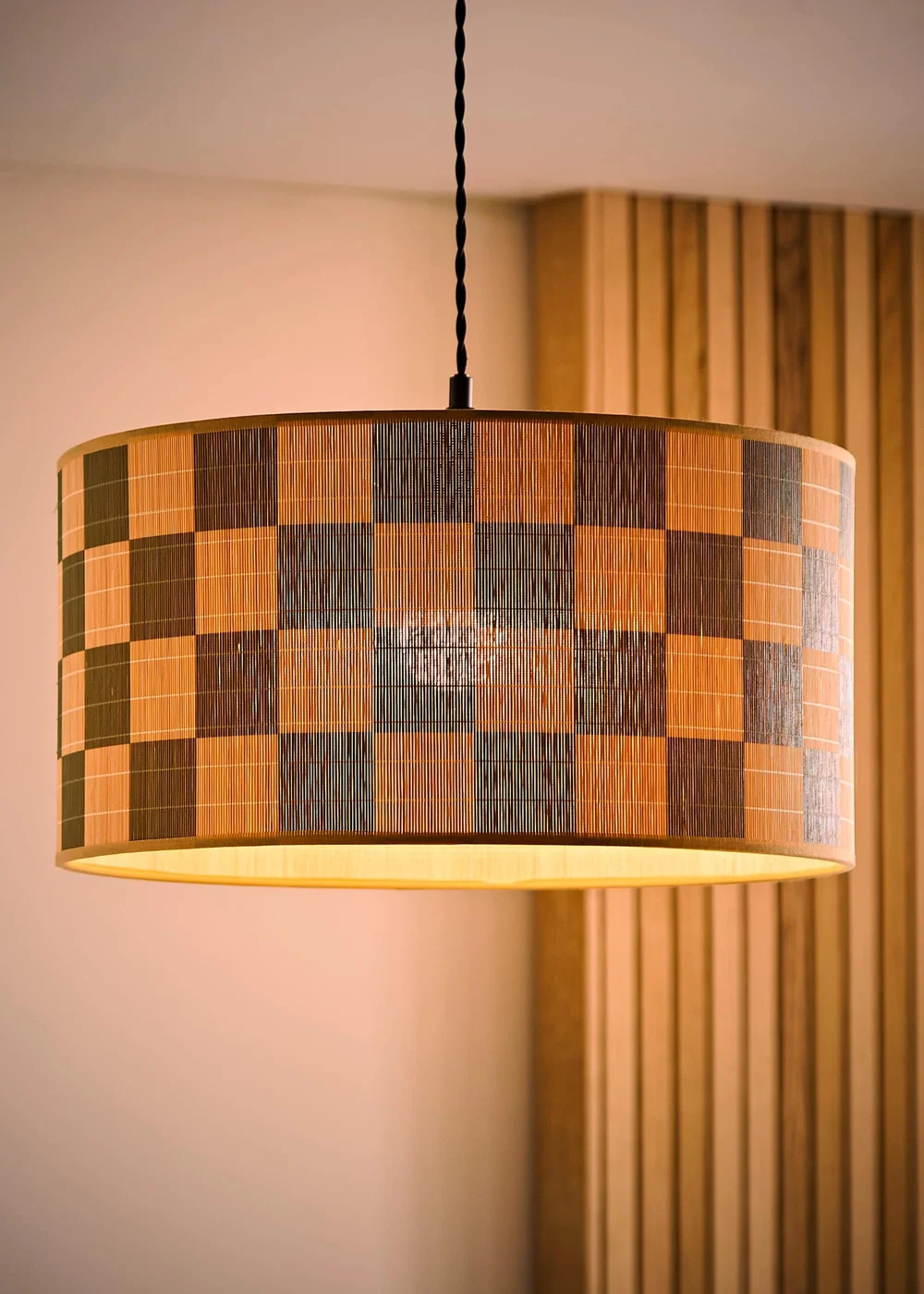 ValueLights Lori Green Checkerboard Print Bamboo Drum Shade 45cm - One Size Image 2