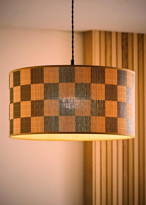 ValueLights Lori Green Checkerboard Print Bamboo Drum Shade 45cm - One Size Image 2