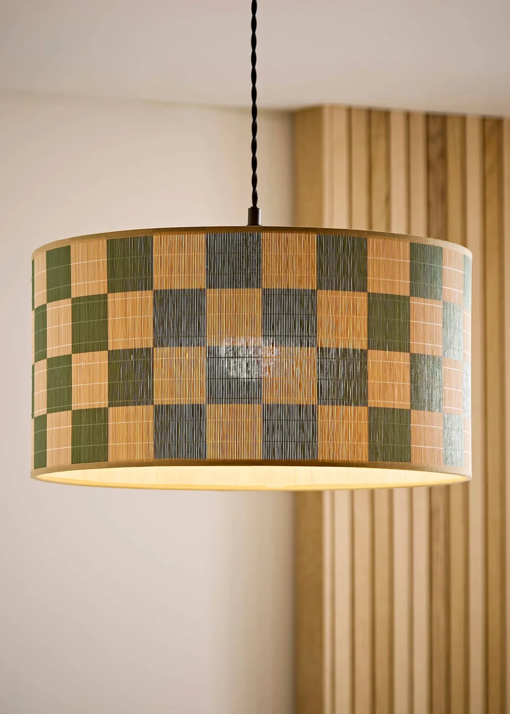 ValueLights Lori Green Checkerboard Print Bamboo Drum Shade 45cm - One Size Image 1