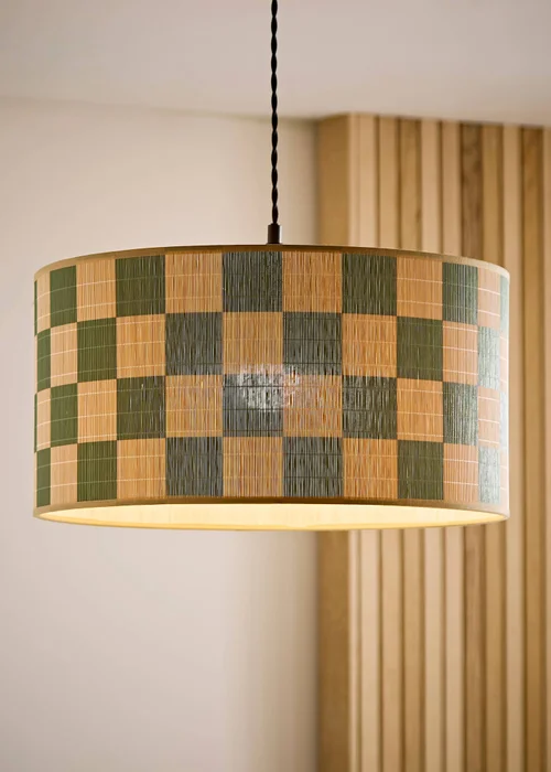 ValueLights Lori Green Checkerboard Print Bamboo Drum Shade 45cm - One Size Image 1