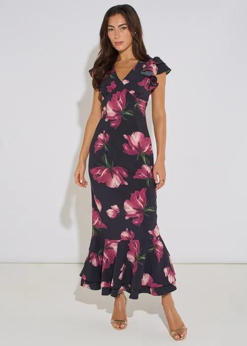 Gini London Black Floral Print Ruffle Maxi Dress - 12 Image 1