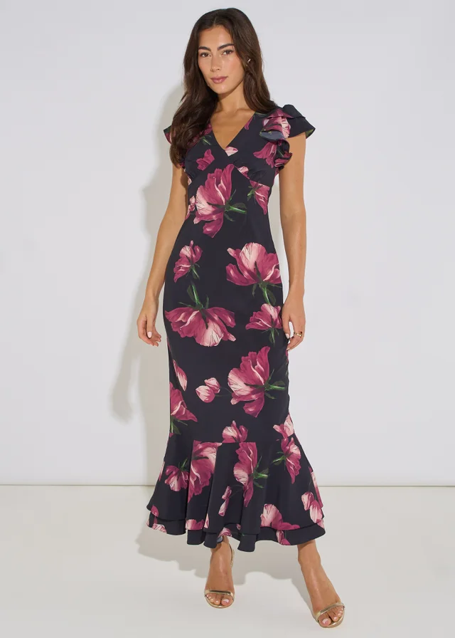 Gini London Black Floral Print Ruffle Maxi Dress