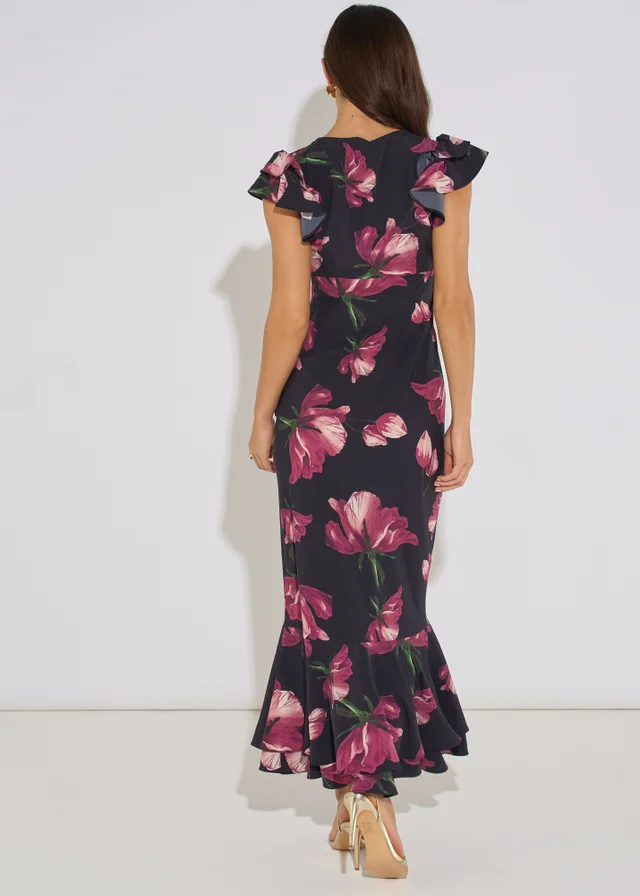 Gini London Black Floral Print Ruffle Maxi Dress