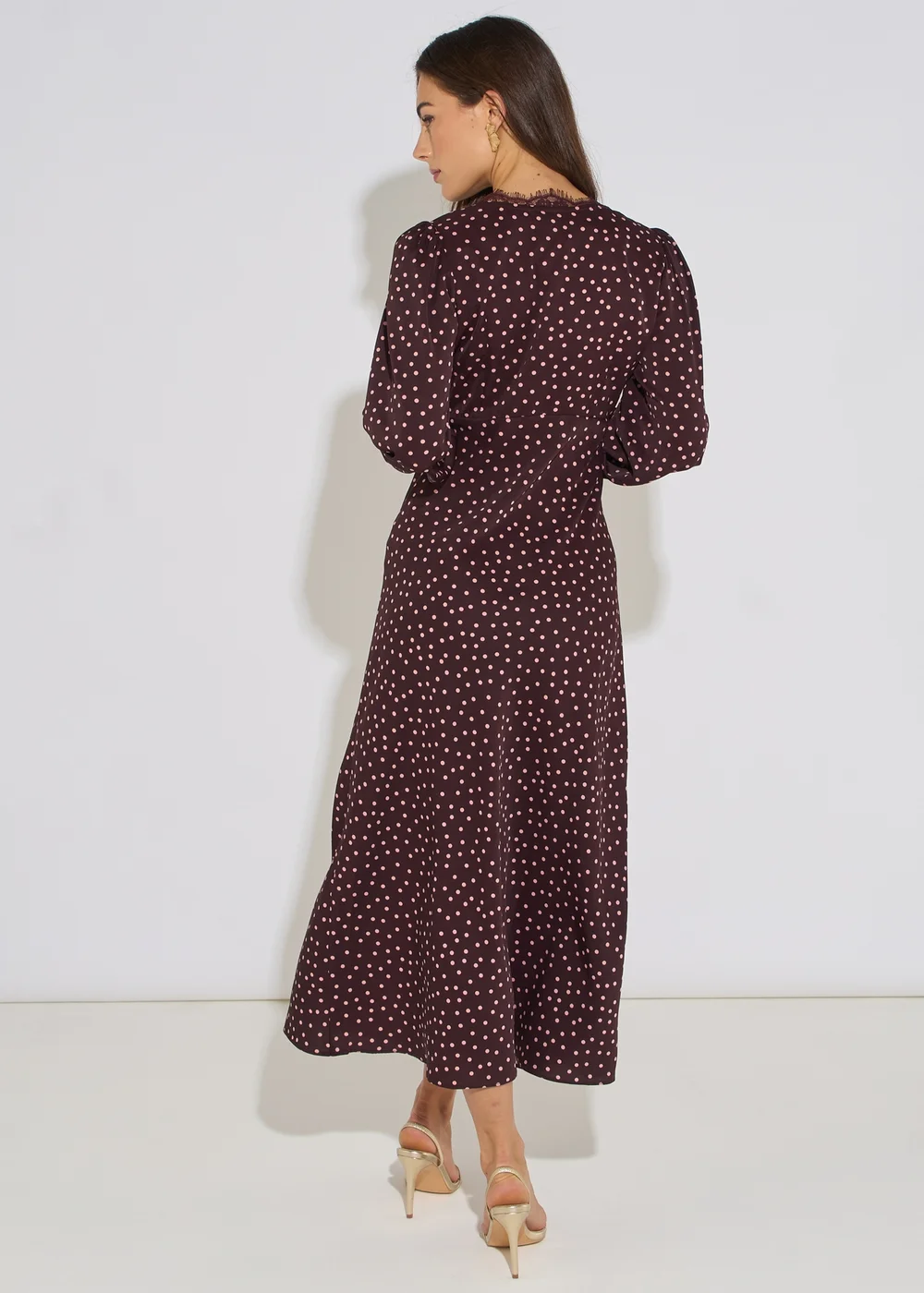 Gini London Chocolate Polka Lace Trim Midi Dress - 8 Image 2