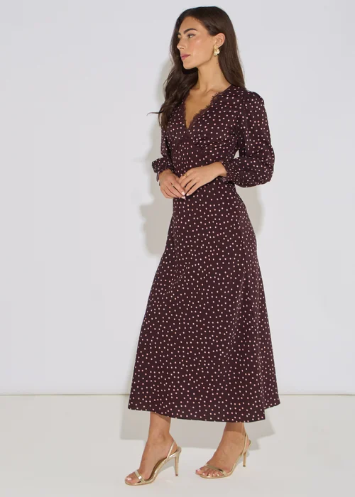 Gini London Chocolate Polka Lace Trim Midi Dress - 8 Image 4